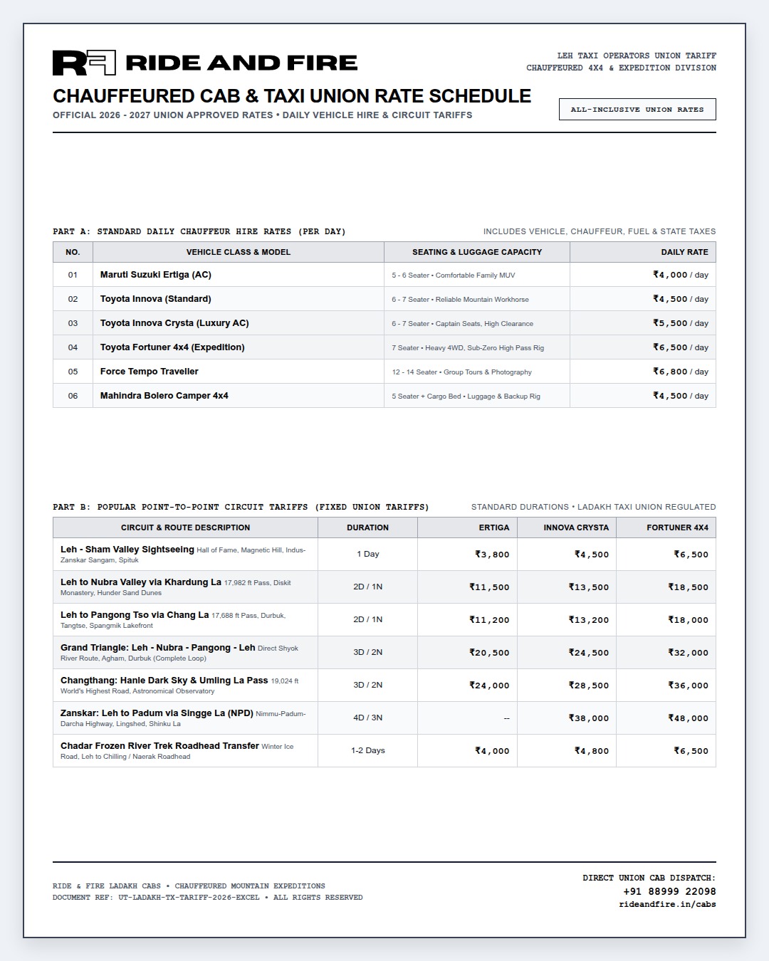 Official Leh Ladakh Taxi Union Rate List 2026 - Chauffeured Innova Crysta, Fortuner 4x4, Ertiga and Tempo Traveller Daily Hire and Circuit Tariffs