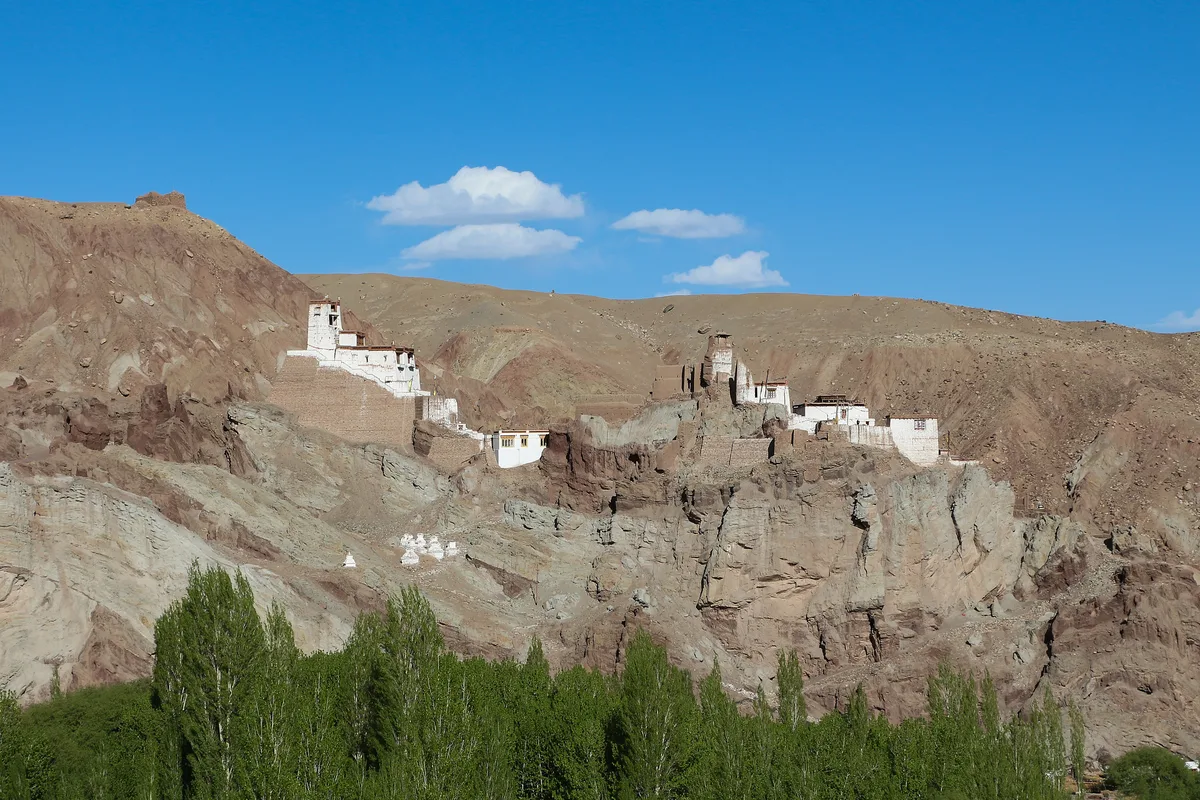 Ancient mud-brick ruins and monastery complex of Basgo perched dramatically on clay crags above the Indus Valley