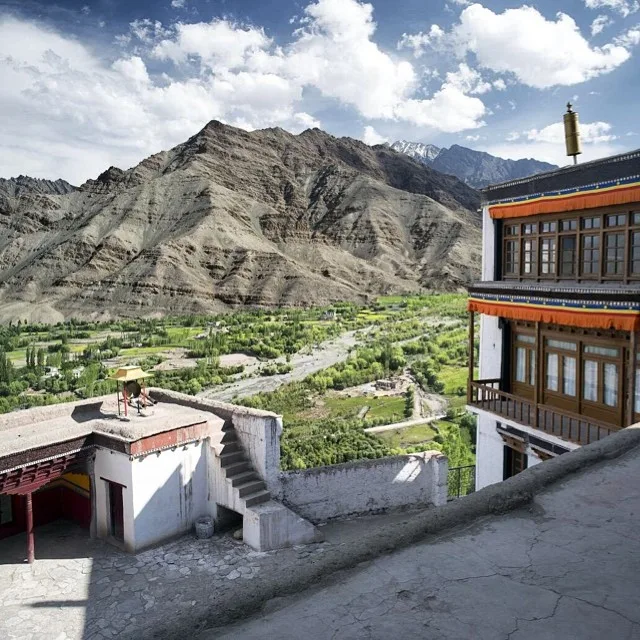 Matho Monastery perched on high desert mountain terraces facing the Indus Valley in Ladakh