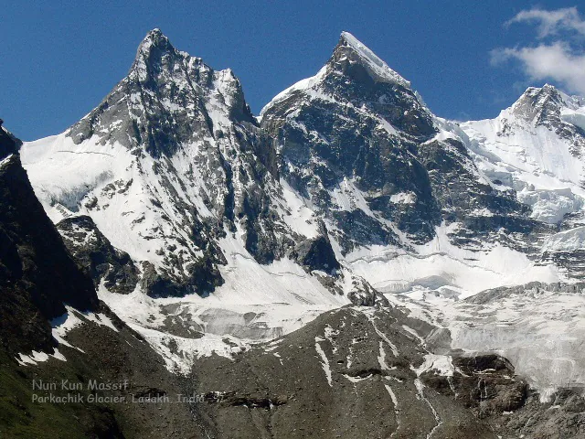 Massive hanging icefall of Parkachik Glacier calving dramatically toward the roaring Suru River