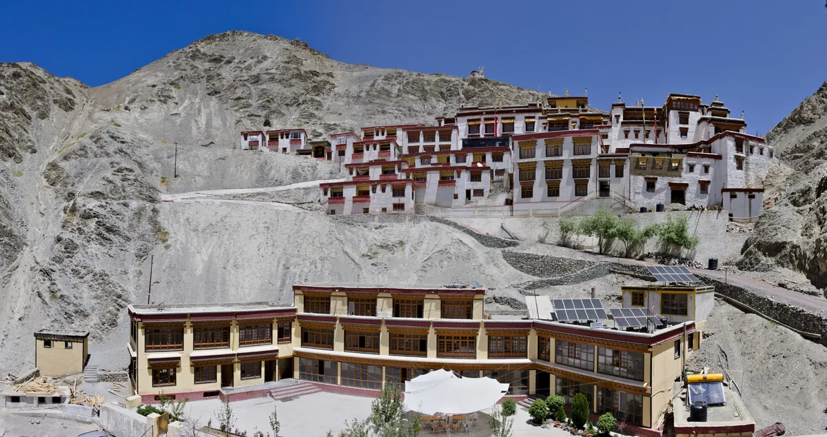 Rizong Monastery nestled deeply inside an isolated rocky canyon amphitheatre in Western Ladakh
