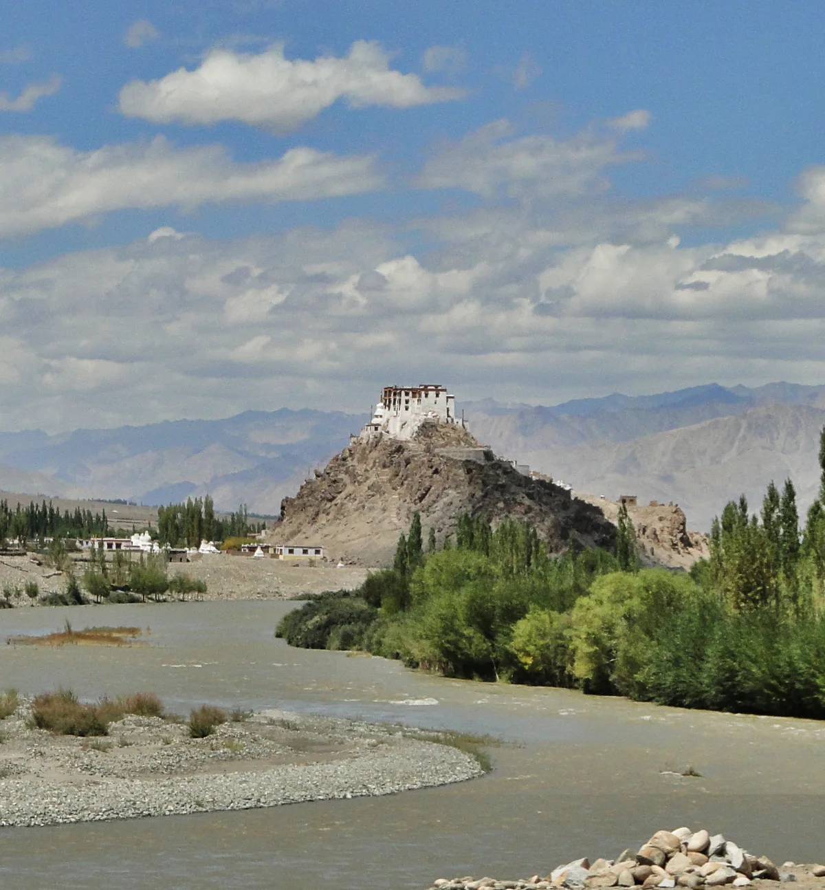 Stakna Monastery perched atop an isolated rocky hill resembling a tiger's nose overlooking the Indus River
