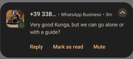 Real WhatsApp inquiry to Kunga asking if riders can go alone or need a guide