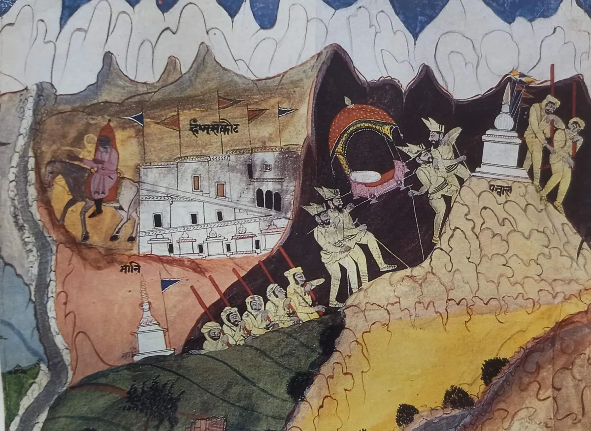 Historic depiction of General Zorawar Singh's Dogra army traversing the high mountain ranges of Ladakh