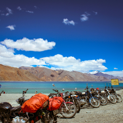 Bikes parked along Pangong lake, during Ladakh tour